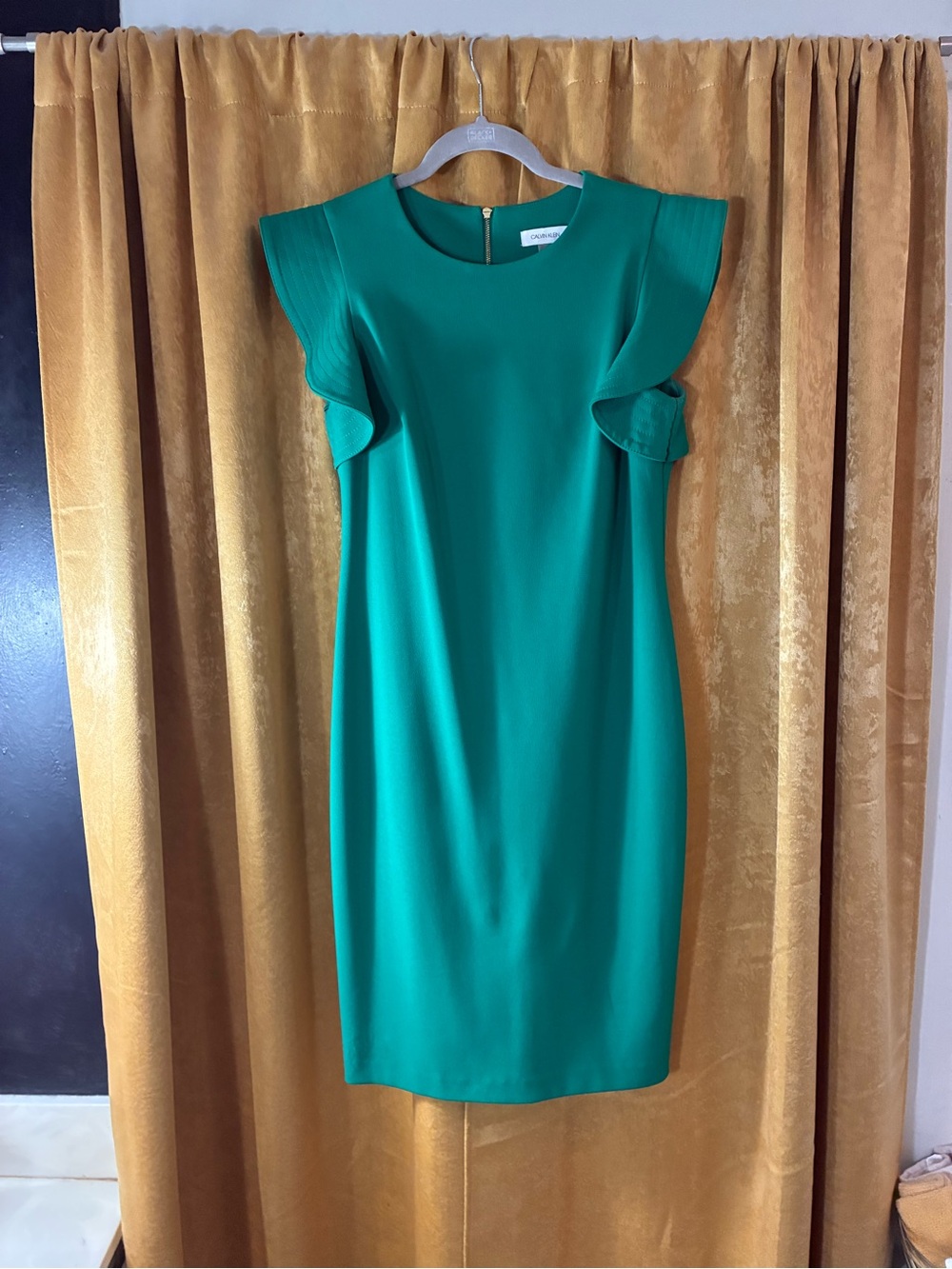 Calvin Klein Emerald Green Ruffle Sleeve Sheath Dress
